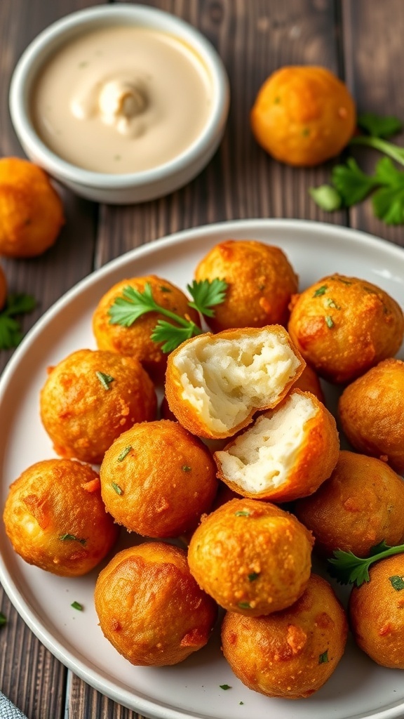 Crispy Deep Fried Mashed Potato Balls Recipe Crispy deep fried mashed potato balls on a plate, garnished with parsley, with a bowl of dipping sauce.
